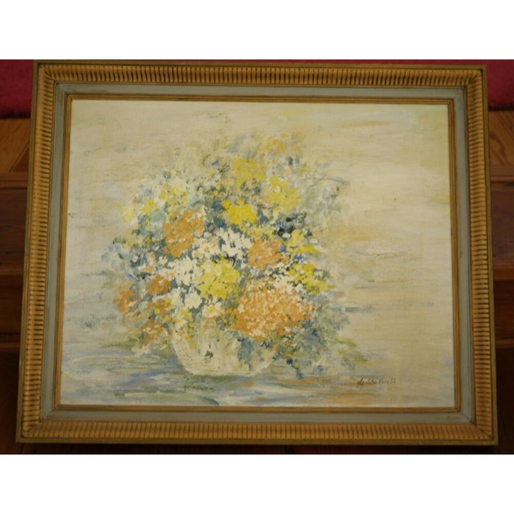 Vintage G. Stockwell Flowers Floral Acrylic Painting Wood Frame Signed 23” x 19”